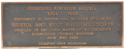 A brass plate commemorating the unveiling of the statue of Isambard Kingdom Brunel by John Doubleday