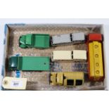 6 Dinky Toys. A Guy Flatbed (513) in dark green with light green body. A Bedford Truck (411) in