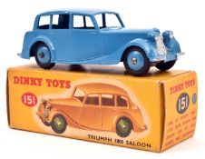 A Dinky Toys Triumph 1800 Saloon 151. Light blue body with light blue hubs. Boxed, minor wear.