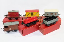 6 Hornby O Gauge Freight Wagons. Flat Truck with BR Furniture Container. Banana Van, Fyffes. No.1