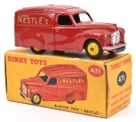 Dinky Toys Austin Van 'NESTLE'S' (471). In bright red with yellow wheels. Boxed, some wear/creasing.