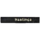 A BR wooden platform station board, Hastings. Black painted wood with white transfer letters and