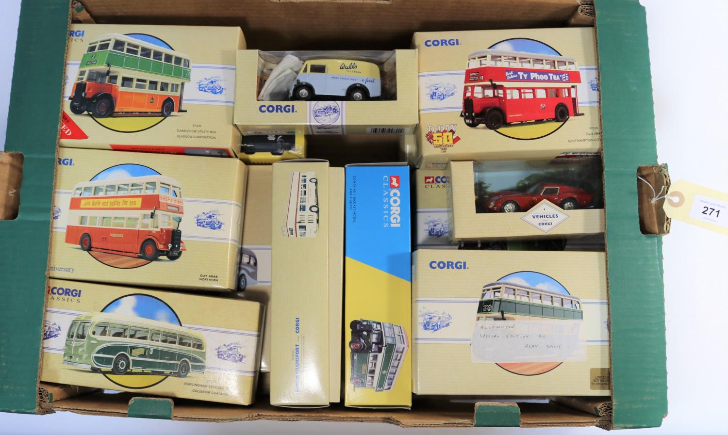 14 Corgi Classics. Burlingham Seagull/AEC Regal set, York Bros. 2x Daimler CW Utility Buses -