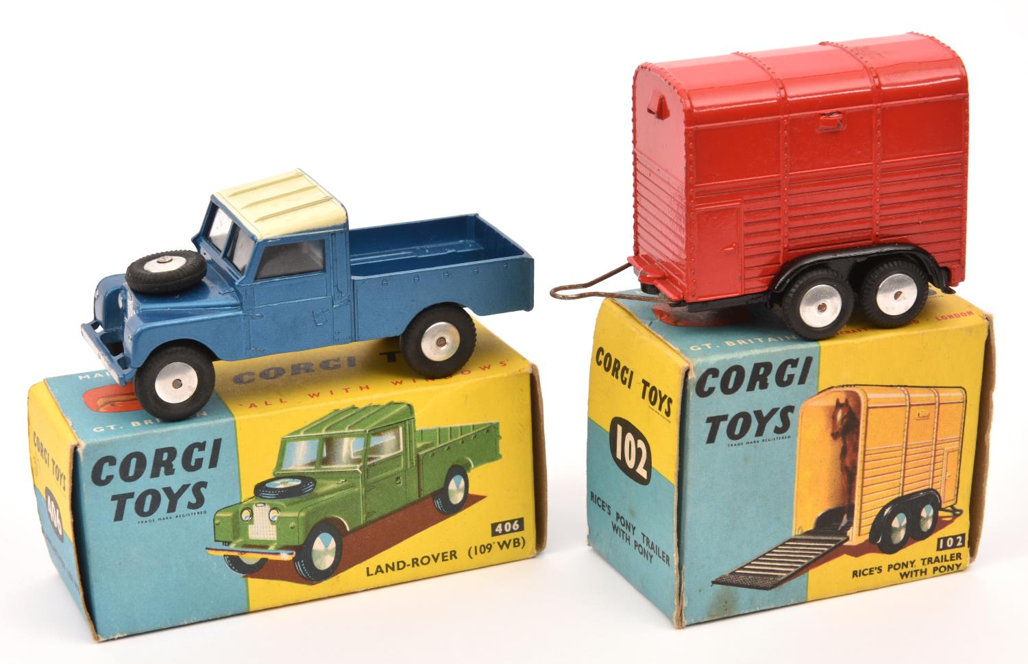 2 Corgi Toys. Land Rover (109' WB) (406). An example in metallic blue with cream roof and smooth