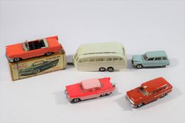 5 1960's Norev plastic vehicles. A Chrysler New Yorker Convertible in salmon pink, with a good