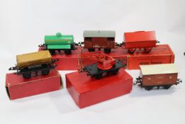 6 Hornby O Gauge Freight Wagons. No.1 Side Tipping Wagon, McAlpine. Cement Wagon RS660. NE Fish van,