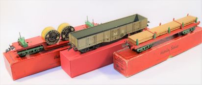 3 Hornby bogie freight wagons. No.2 High Capacity Wagon, LMS. No.2 Timber Wagon in red and green