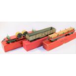 3 Hornby bogie freight wagons. No.2 High Capacity Wagon, LMS. No.2 Timber Wagon in red and green