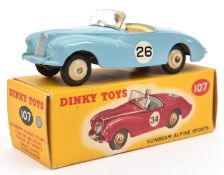 A Dinky Toys Sunbeam Alpine Sports. 107. Pale blue body with cream interior and wheels. RN 26. White