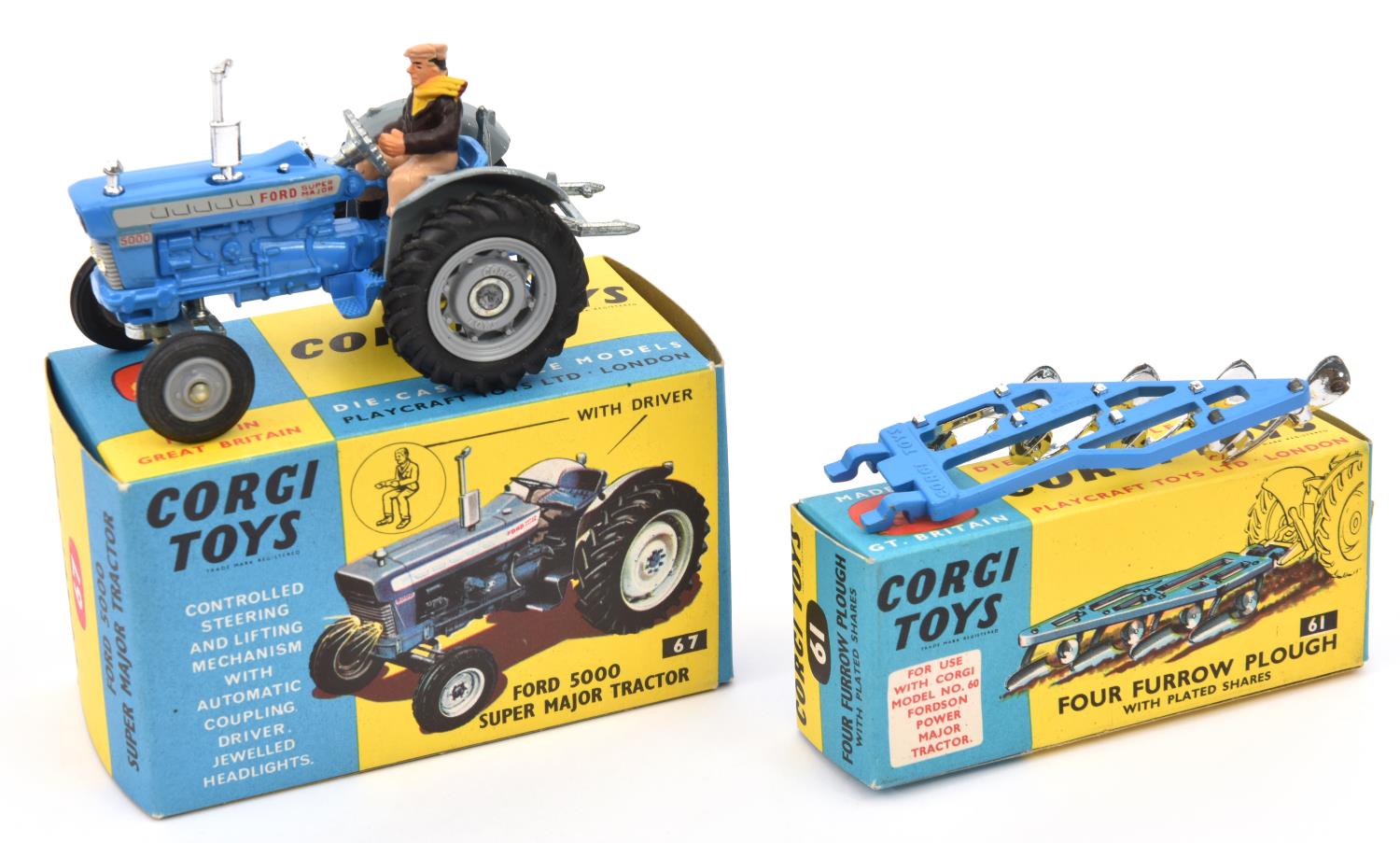 2 Corgi Toys. A Ford 5000 Super Major Tractor (67), complete with driver and instructions. A Four