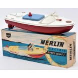 Sutcliffe tinplate battery powered electric Speed Boat. Named 'MERLIN' in white and red, with