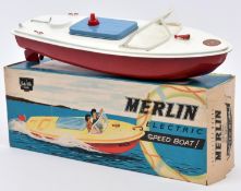 Sutcliffe tinplate battery powered electric Speed Boat. Named 'MERLIN' in white and red, with