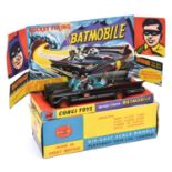 Corgi Toys Batmobile (267). 2nd type in gloss black with gold wheels/red bats,original wide rubber
