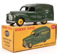 Dinky Toys Austin Van 'Raleigh Cycles' (472). In dark green with yellow wheels. Boxed, minor wear.