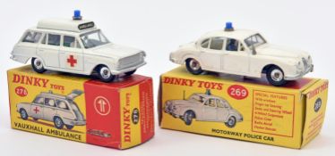 2 Dinky Toys. Motorway Police Car (269). In white with white interior with Policemen inside,