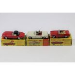 3 Dinky Toys. Austin Healey Sprite (112)in bright red with cream interior. Plus an M.G.B. Sports Car