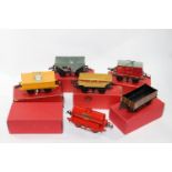 6 Hornby O Gauge Freight Wagons. Flat Truck with British Railways Furniture container, Hopper Wagon,