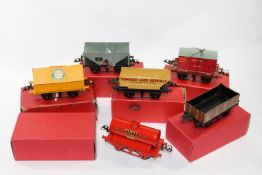 6 Hornby O Gauge Freight Wagons. Flat Truck with British Railways Furniture container, Hopper Wagon,