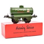 A scarce Hornby O Gauge Petrol Tank Wagon. Example in dark green POWER Ethyl livery. Boxed, end