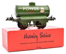 A scarce Hornby O Gauge Petrol Tank Wagon. Example in dark green POWER Ethyl livery. Boxed, end