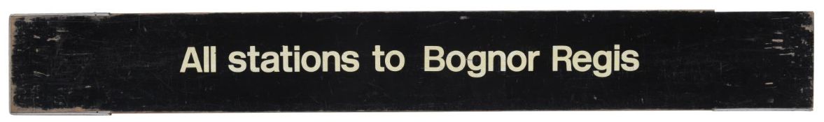 A BR wooden platform destination board, All stations to Bognor Regis. Black painted wood with