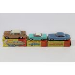 3 Dinky Toys. Jaguar Mark X (142) in light metallic blue with red interior. Ford Capri (143) in