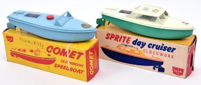 2 Sutcliffe tinplate clockwork boats. 'COMET' Clockwork Speedboat in light blue, with 'COMET' and