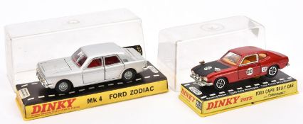 2 Dinky Toys. Mk 4 Ford Zodiac 164. Metallic silver body with red interior. Plus a Ford Capri