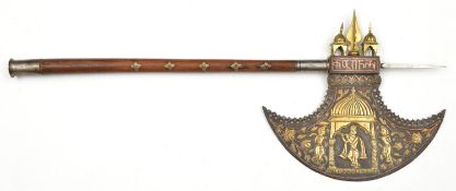 A massive and very decorative Indian Hindu axe. Late 19th century, crescent-shaped iron blade