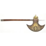 A massive and very decorative Indian Hindu axe. Late 19th century, crescent-shaped iron blade