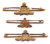 3 9ct gold R Artillery sweetheart tie pins, 2 diestruck enamelled, the other engraved. GC