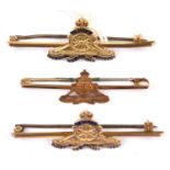 3 9ct gold R Artillery sweetheart tie pins, 2 diestruck enamelled, the other engraved. GC