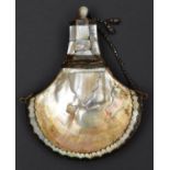 An Indian mother of pearl powder flask. Maximum 18cms, fan-shaped body with reinforced edges,