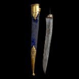 A recurved Indian SE dagger blade 19th century. 29.5cms, gold damascened ferule, in a blue cloth