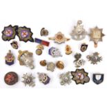 3 cap badges: R Sussex all WM and bi-metal (centre worn), and WM 13th London (Kensington); 6 various