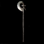 An Indian axe, late 19th century. Loop-shaped broad SE head 14.5cms with antelope head finial, on