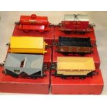 6 Hornby O Gauge Freight Wagons. Flat Truck with British Railways Furniture container, Hopper Wagon,