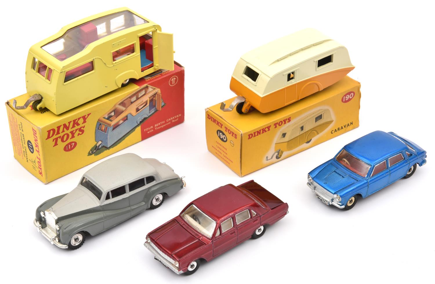 5 Dinky Toys. Vauxhall Victor 101 in metallic red with cream interior. An Austin 1800 in metallic
