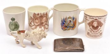 A brown painted Coronation mug Ed VII & Q Alexandra, height 3½"; a large mug made in anticipation of