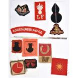 11 cloth badges, including 13th Division slip on shoulder title (faded) with brass RF title, 4th