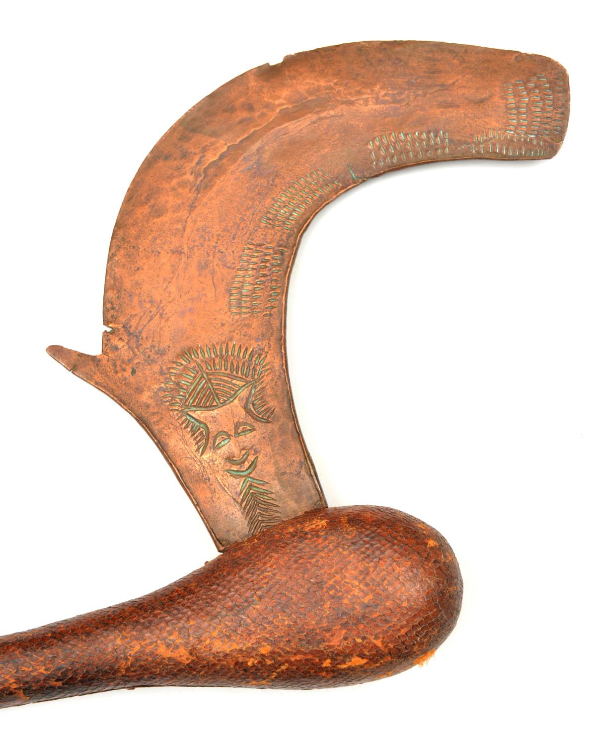 An African Songe tribal axe. Early 20th century, curved copper blade 19cms with incised decoration - Image 3 of 3