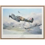 A limited edition print by Robert Taylor, (number 615 of 990) of a Hurricane flown by Frank Carey