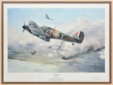 A limited edition print by Robert Taylor, (number 615 of 990) of a Hurricane flown by Frank Carey