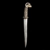 An Indian dagger khanjar. Straight SE blade 21.5cms, silver hilt embossed with a ram's head, the
