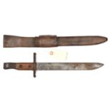 A Canadian M1910 Ross rifle bayonet, in leather scabbard with frog. Basically GC (some rust).