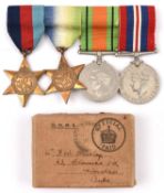 Four: 1939-45 star, Atlantic star, Defence, War medal (un-named as issued), in box of issue and call