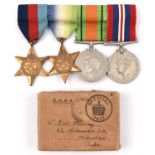 Four: 1939-45 star, Atlantic star, Defence, War medal (un-named as issued), in box of issue and call