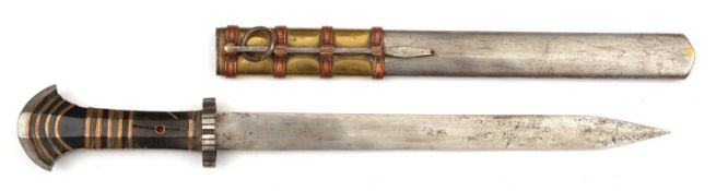 A Chinese or Tibetan knife, 20th century. Straight SE blade 32cms cut with a single fuller on one