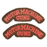 A pair of embroidered red on khaki Motor Machine Gun shoulder titles. Near VGC Plate 7