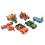 6 Dinky Toys. Land Rover, in orange with dark green interior, red wheels. Universal Jeep in green